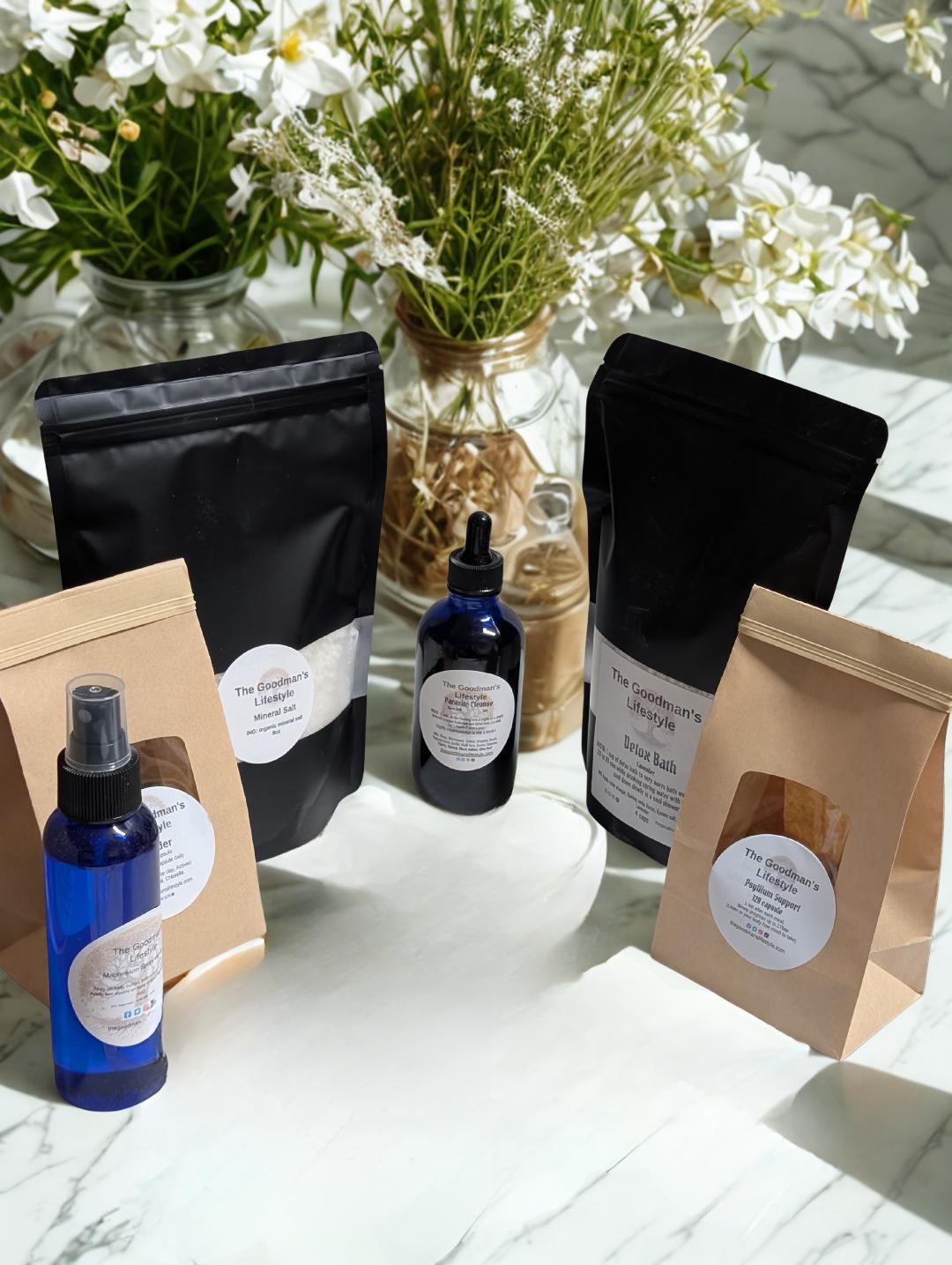 step 3 Parasite cleanse Liquid,  Binder, Psyllium husk, Salt, Magnesium Spay, Detox Bath Kit